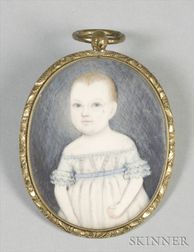 Portrait Miniature of a Young Child Wearing a White Dress with a Blue Sash